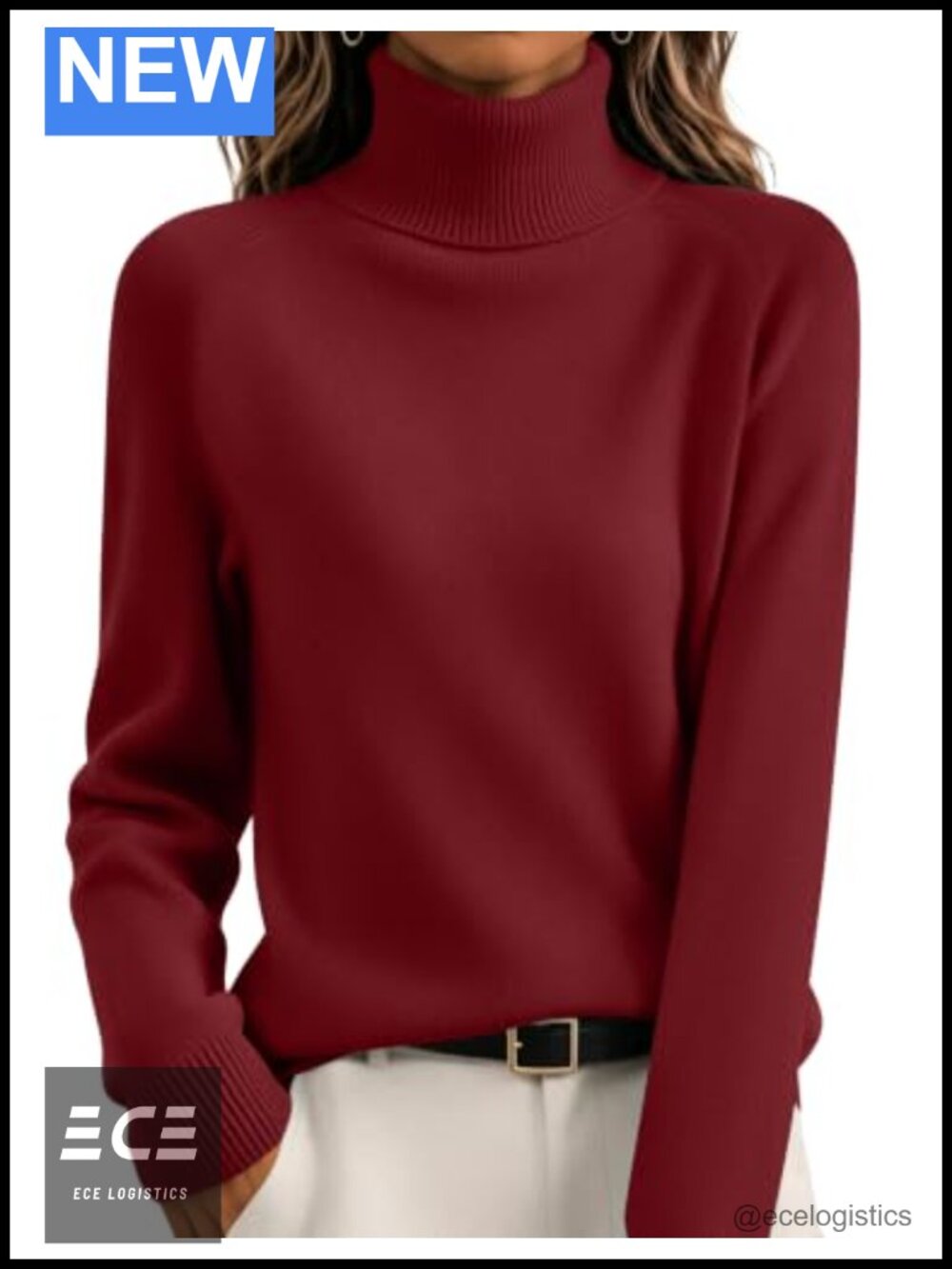 Turtleneck Pullover Sweater Long Sleeve Ribbed Knit Loose Fit